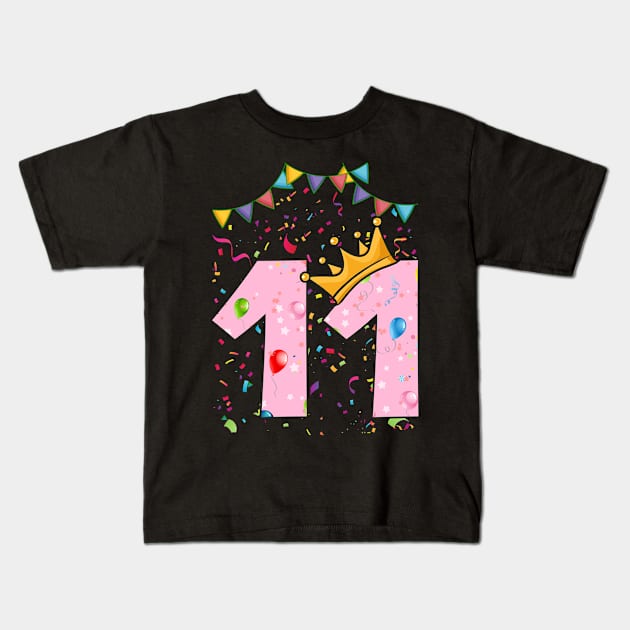 11th Birthday Golden Crown Balloons Cute Funny Kids Kids T-Shirt by Navarra